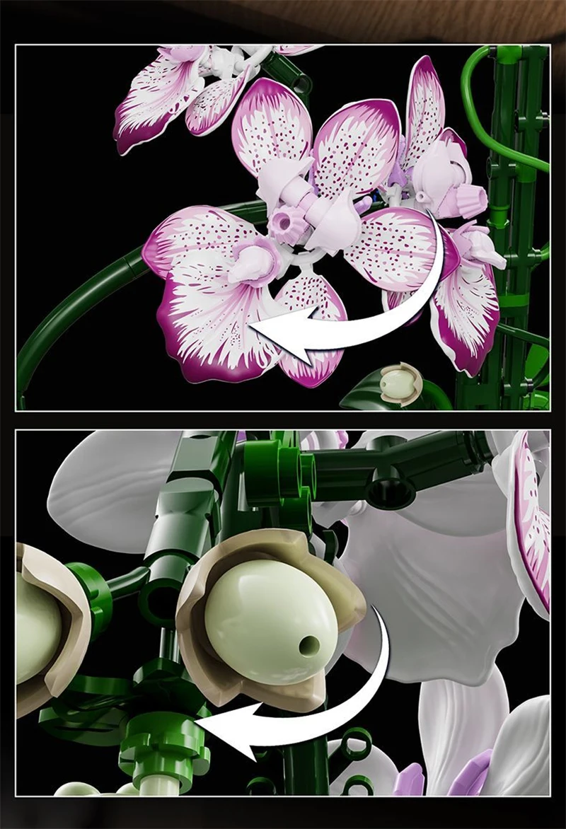 Kreativer Orchideen-Blumenstrauß, Blumen im Topf, Bausteine, unsterbliche Blume, Heim- und Schreibtischpflanzen-Dekoration, zusammenbaubares Baustein-Spielzeug, Geschenk für Teenager. – Detail 6
