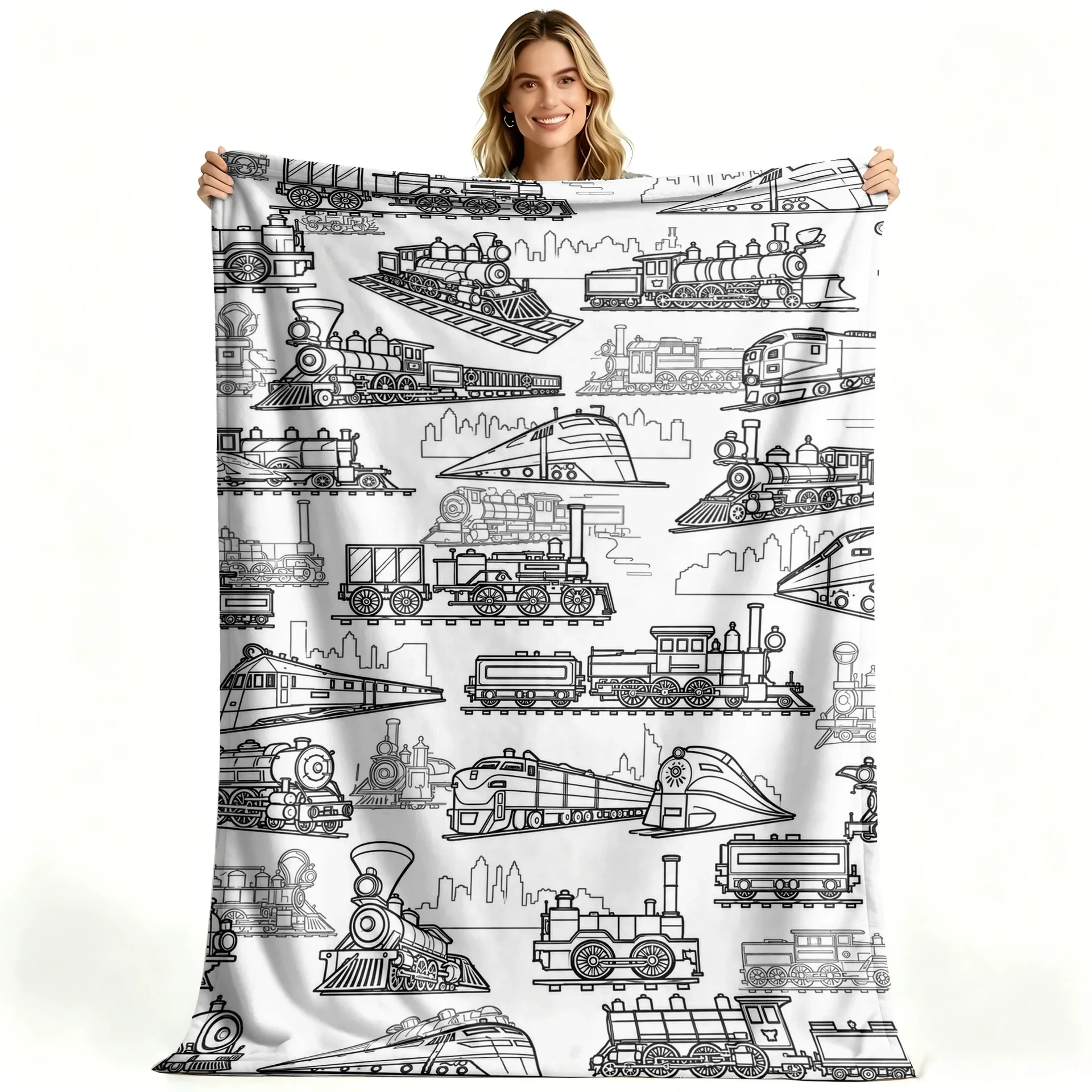 DIY Graffiti Blanket Vintage Train Line Art City Silhouette Decor Print Soft Flannel Children Activity Throw Blanket