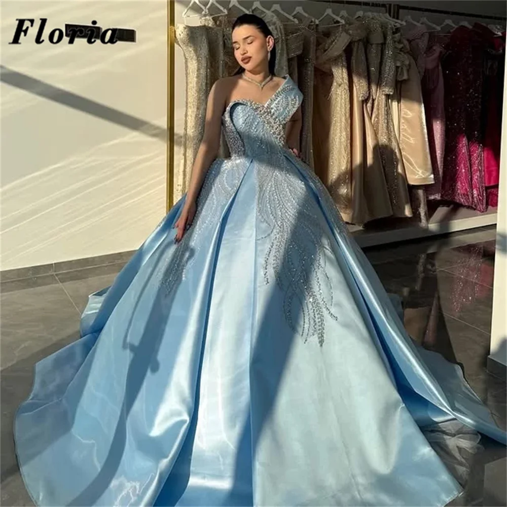 

New Elegant Sky Blue Evening Dresses 2026 Customized One Shoulder Prom Dress A Line Beading Wedding Party Gowns Robes De Soirée