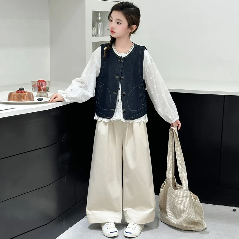 

2025 Autumn Korean School Girl 3pcs Outfit Junior Girls Flower Single-breasted Undershirt+Denim Vest+Elastic Waist Wide Leg Pant