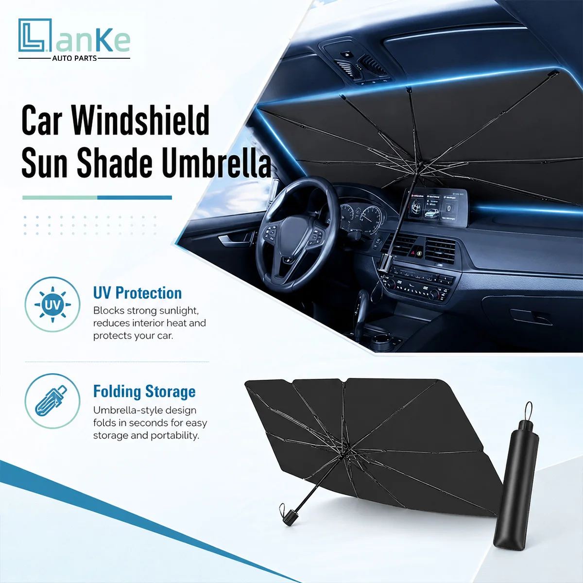 Lanke Foldable Car Windshield Sunshade Umbrella Foldable Front Window Cover UV Protection Heat Blocking Compact Easy Storage