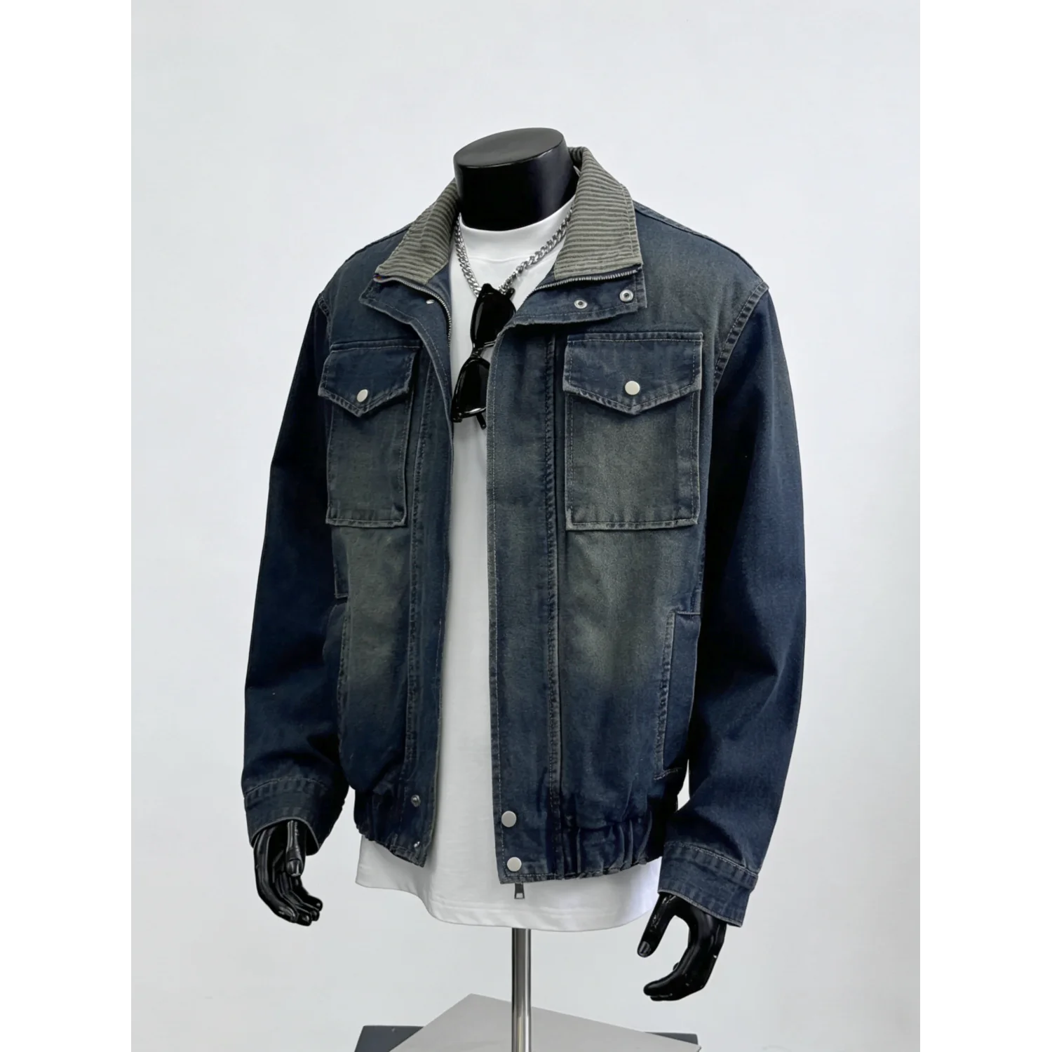 

Джинсовая куртка в американском ретро-стиле с эффектом потертости, джинсовая куртка с имитацией двойного воротника на молнии, мужская свободная джинсовая куртка.