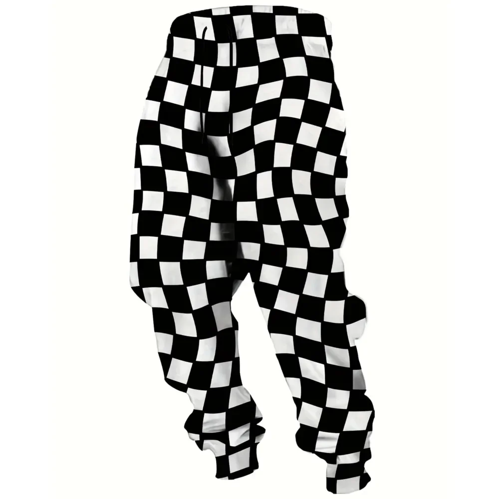 Unisex 3D Print Black White Checkerboard Harem Pants Winter Autumn Drop Crotch Warm Drawstring Streetwear Jogger Trousers