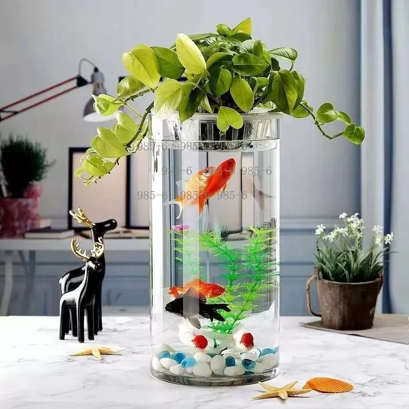 Anti-drop Acrylic Small Aquarium, Round High Transparency Ecological Container for Goldfish Turtle Home Office Decoration