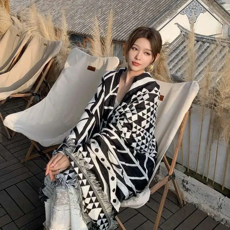 بطانية نسيج، بطانية بوهو كبيرة الحجم مع هامش، بطانيات رمي منسوجة هندسية جنوب غربية