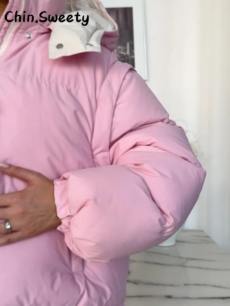 

Warm Women's Pink Hooded Cotton Jackets Loose Stand Collar Full Sleeve Zipper Pockets Coats 2025 Autumn Winter Lady Chic Outwear