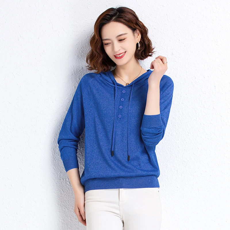 High Quality Women's Sweater Blouse 2022 Spring & Summer Fashion Hooded Knit  T Shirts Elegant Ladies Knitwear Tops