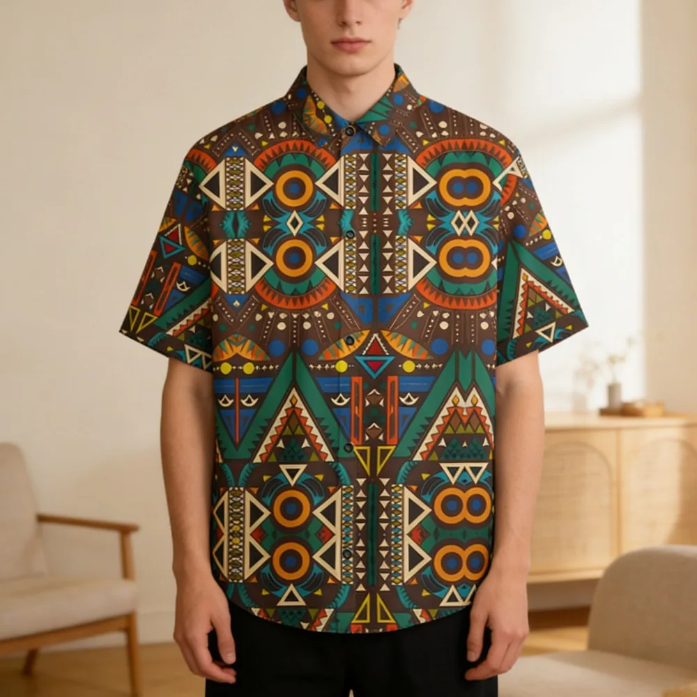Men's Harajuku Streetwear Short Sleeve Loose Fit Button Down Shirt Tribal Geometric Print Oversized Casual Top for Urban Fashion