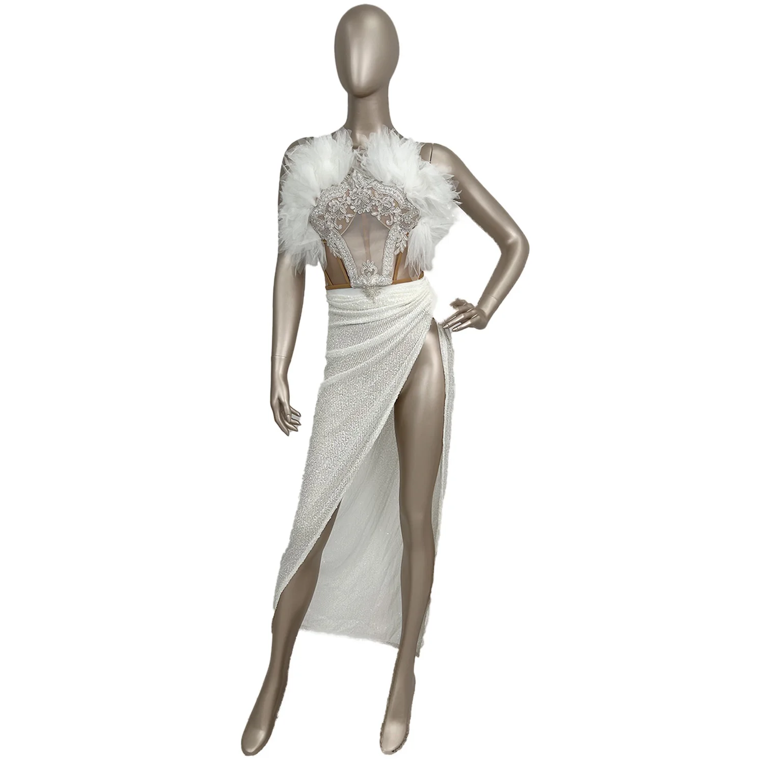 

Sexy Strapless Sequins Corset Top High Slit Skirt 2 Piece Sets Ladies Dinner Gown Women Festival Outfit Night Club Party Dress