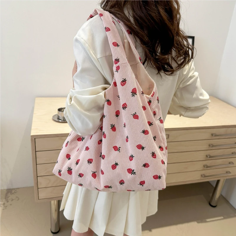 Corduroy Tote Bag New Women's Casual Shoulder Handbag Strawberry Pattern Large Capacity Open Shoulder Bag