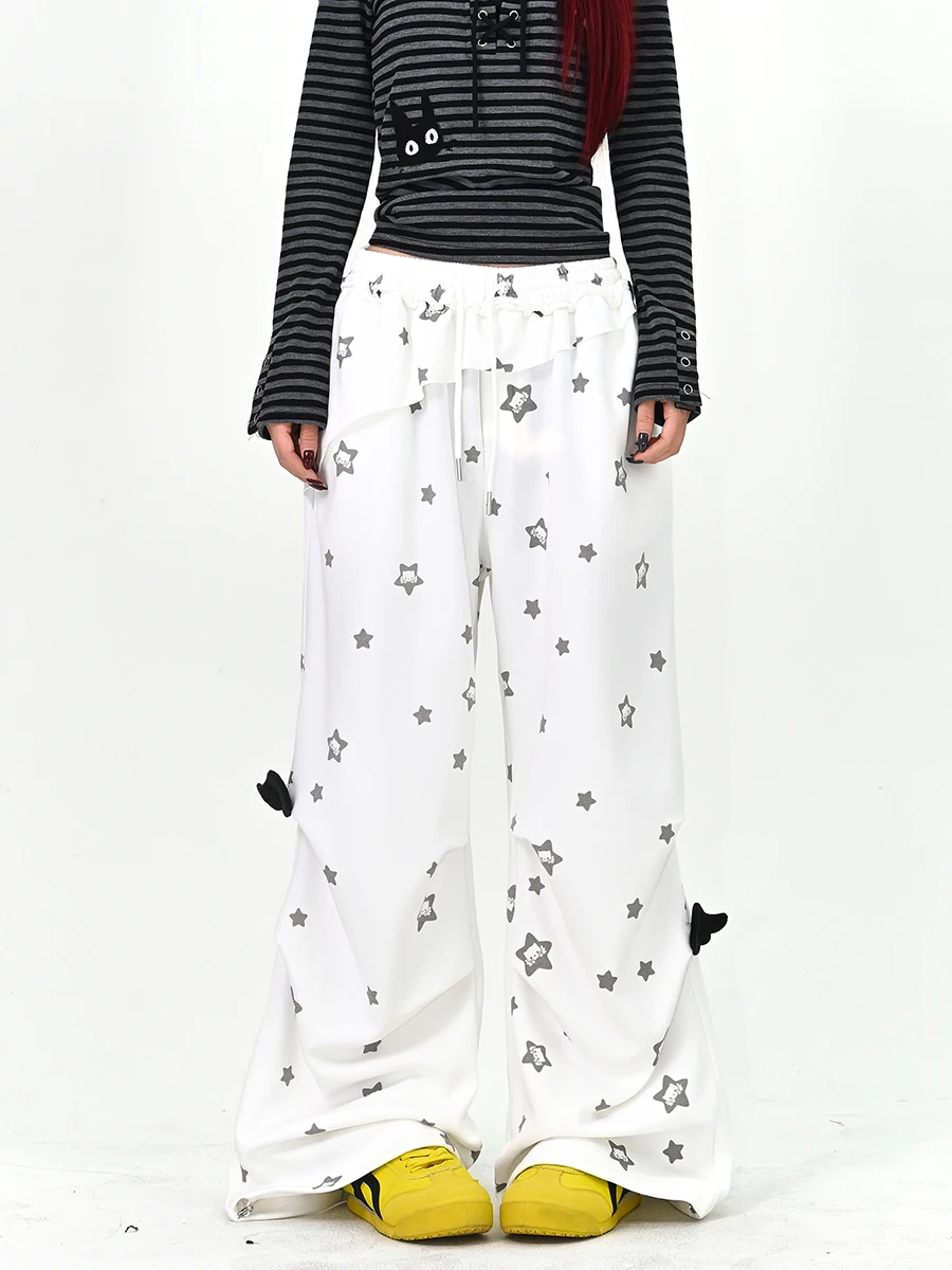 

Женские повседневные брюки свободного кроя с принтом Lazy Fashion Star, весна 2026, широкие штанины, с мультяшным аниме-принтом, на резинке, для студентов