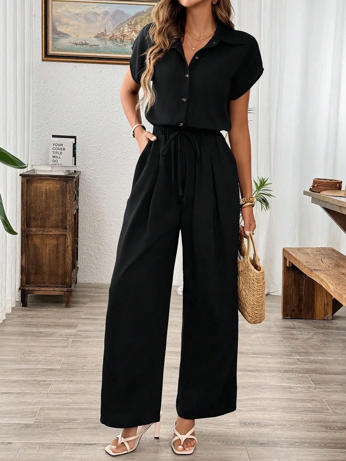 

2025 Summer New Women's Solid Color Basic Wide-Leg Jumpsuit