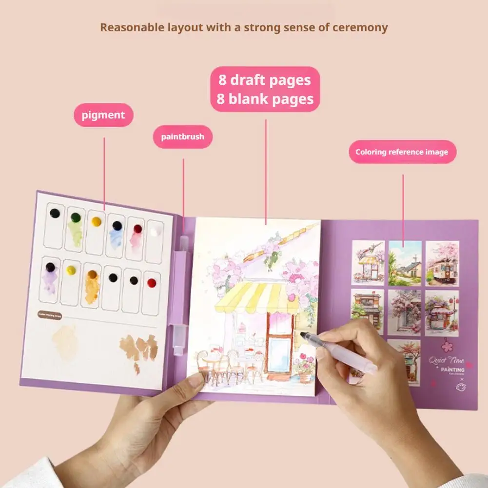 Art Travel Watercolor Painting Set with Tri-Fold Book, Built-in 12 Colors & Stress Relief Note Paper for DIY Art Therapy view 4