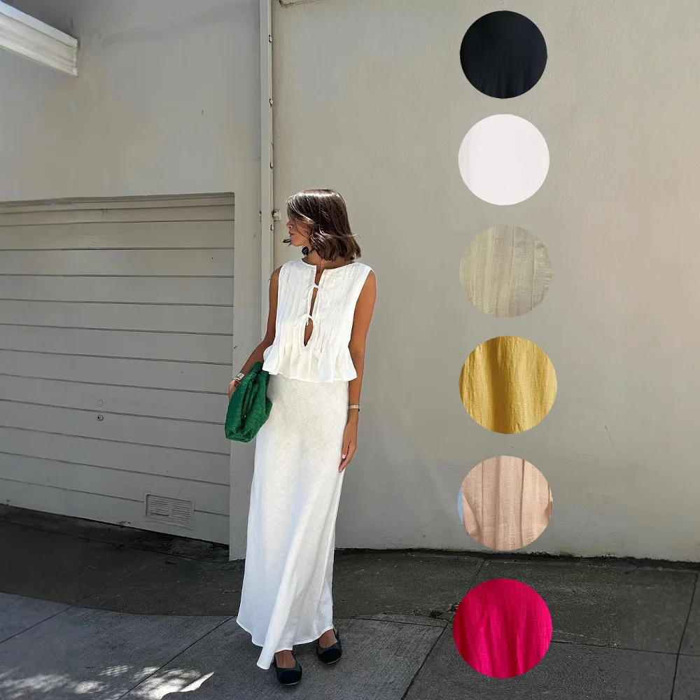 Oymimi Casualowy Biały Bawełniany Damski Zestaw Dwuczęściowy Eleganckie Koszule z Dekoltem O-Neck, Sznurowane, Plisowane i Proste Spódnice z Wysokim Stanem