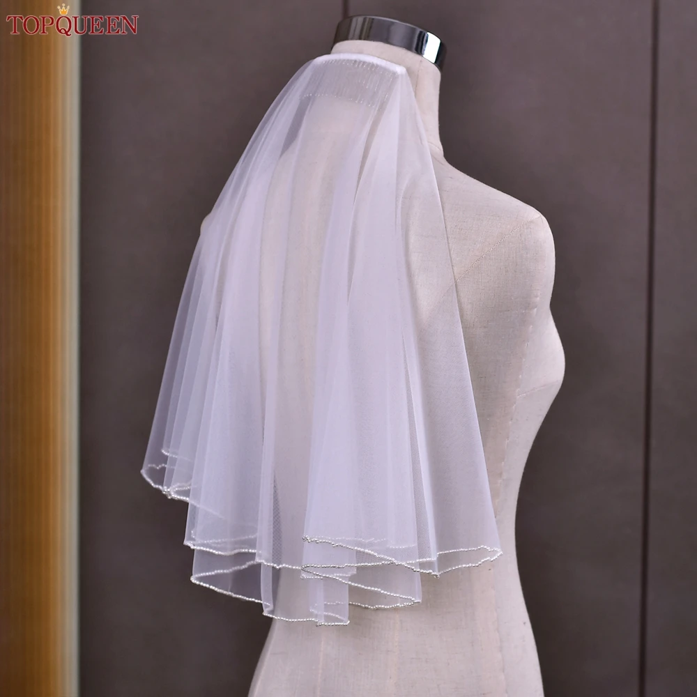 TOPQUEEN V173 Wedding Veil Shoulder Length Veil 2 Layers with Comb Blusher Bridal Veils Pearls Edge Dress Veil for Bride