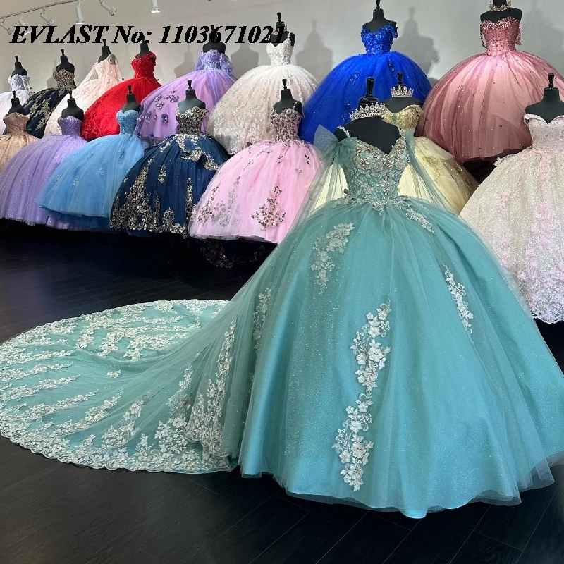 EVLAST-vestido De quinnceañera verde salvia con purpurina, vestido De baile, apliques De encaje Floral, corsé con cuentas, dulce 16, 15 años, SQ539