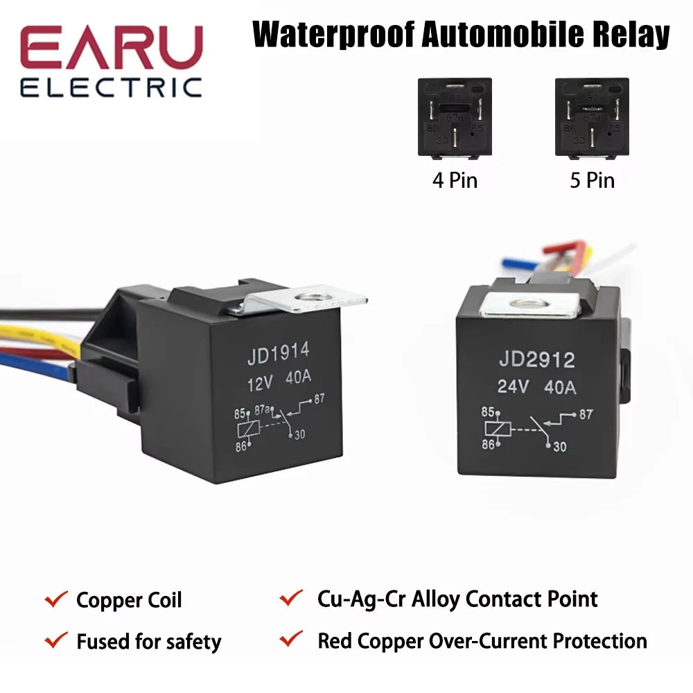 4 5 Pin 4P 5P 40A Waterproof Car Relay Long Life Automotive Relays Normally Open DC 12V/24V Relay For Head Light Air Conditioner