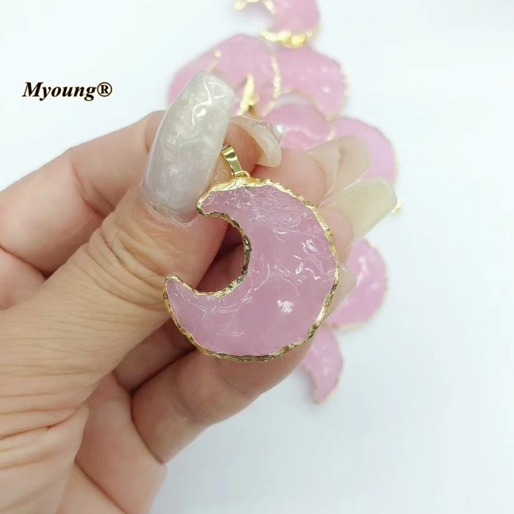 

10PCS India Pink Opal Glass Crescent Moon Necklace Pendant For DIY Jewelry Making Accessories MY231019