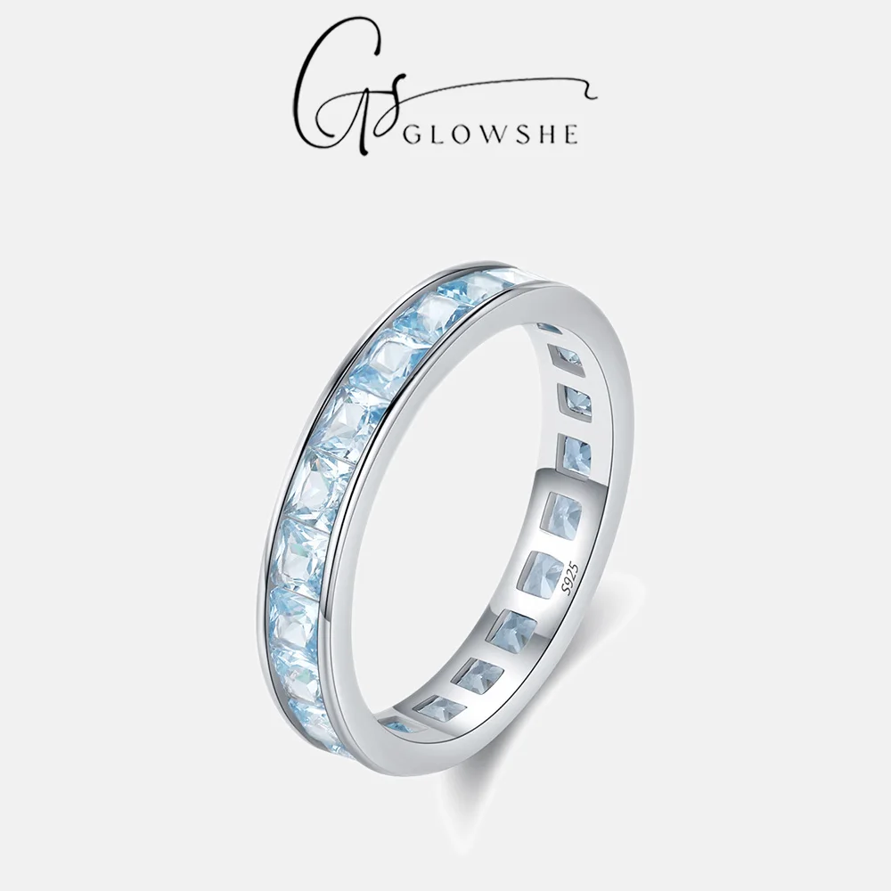 

Glowshe 100% 925 Sterling Silver Blue Eternity Ring Square Cut Cubic Zirconia Stackable Band For Gift Wedding Engagement Party
