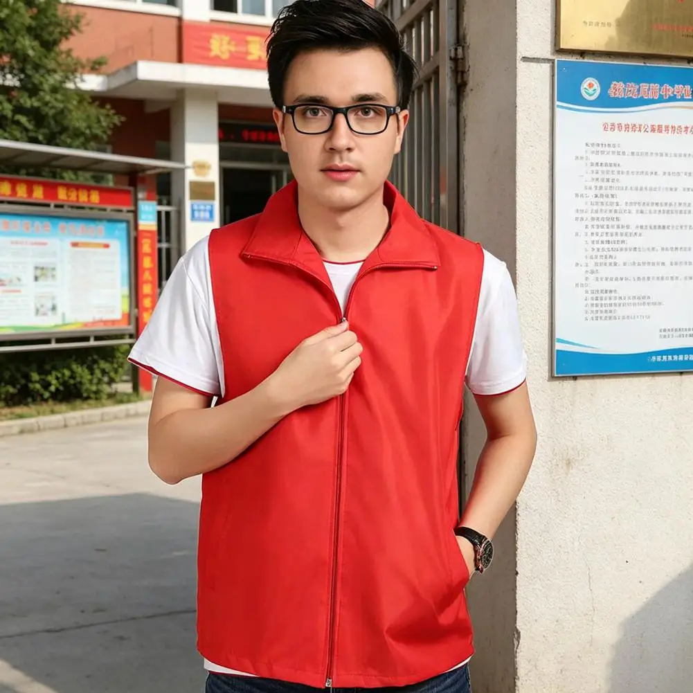 Outdoor Work Vest Work Waistcoat Safety Vest with Zipper Closure Multi-functional Pockets Reflective Strips Wear-resistant Lapel