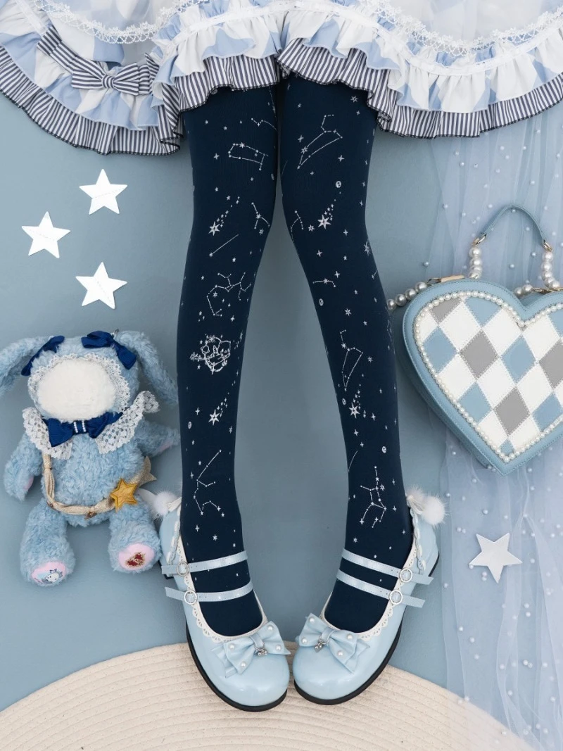 Japanese Lolita Black Silver Tights Starry Sky Cat Galaxy Constellation Rojita Pantyhose 2025 Spring And Autumn Socks For Ladies