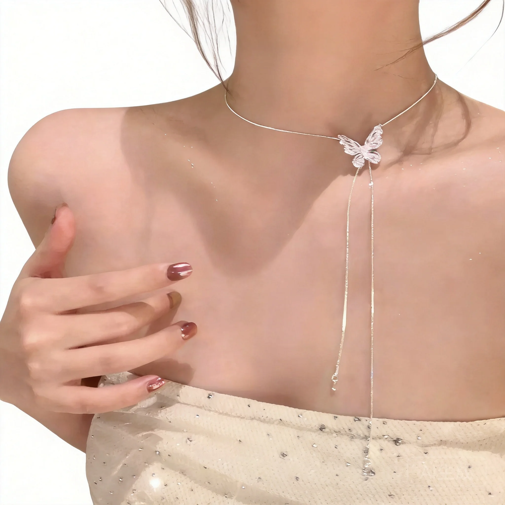 

Chinese Style Lucky Blessing Alloy Butterfly Pendant Adjustable Drawstring Tassel Choker Necklace Women Dainty Shiny Clavicle