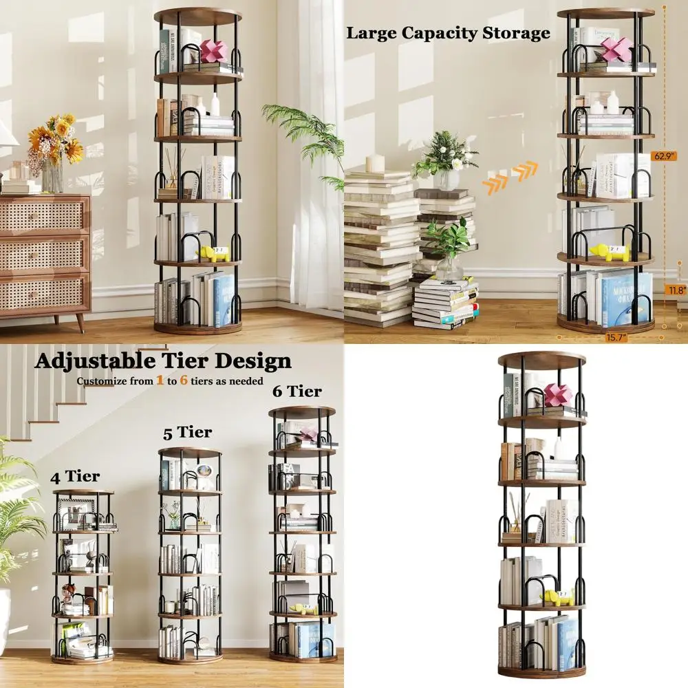 

Современный промышленный 5-ярусный вращающийся книжный шкаф, 360° ° Металлическая и деревянная вращающаяся полка для дома/офиса, угловое решение для хранения