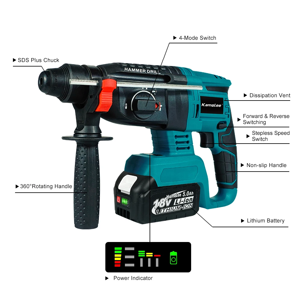 Kamolee 2000W 10600IPM Brushless Cordless Rotary Hammer Drill Rechargeable Electric Hammer Impact Drill For Makita Battery