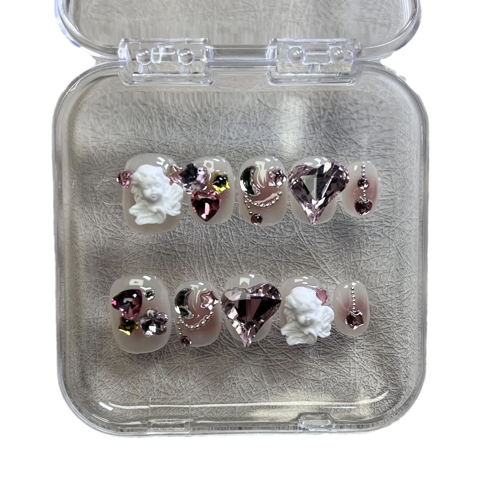 10PCS 순수한 수제 프랑스 체루브 컬러 다이아몬드 이동식 참 가짜 손톱 휴가 중 여행 친구 만들기