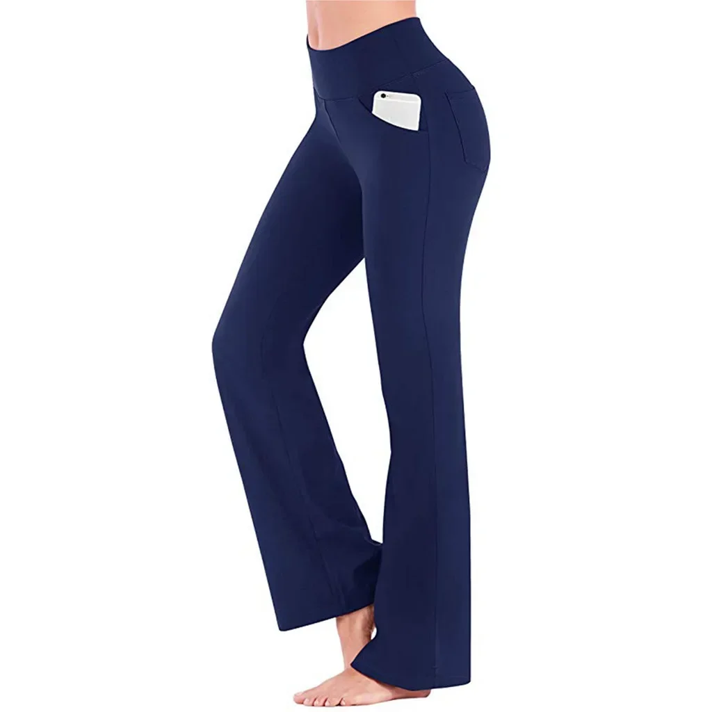 Women Solid Color Casual Yoga Pants High Waist Full Length Flare Pants Trousers Elastic