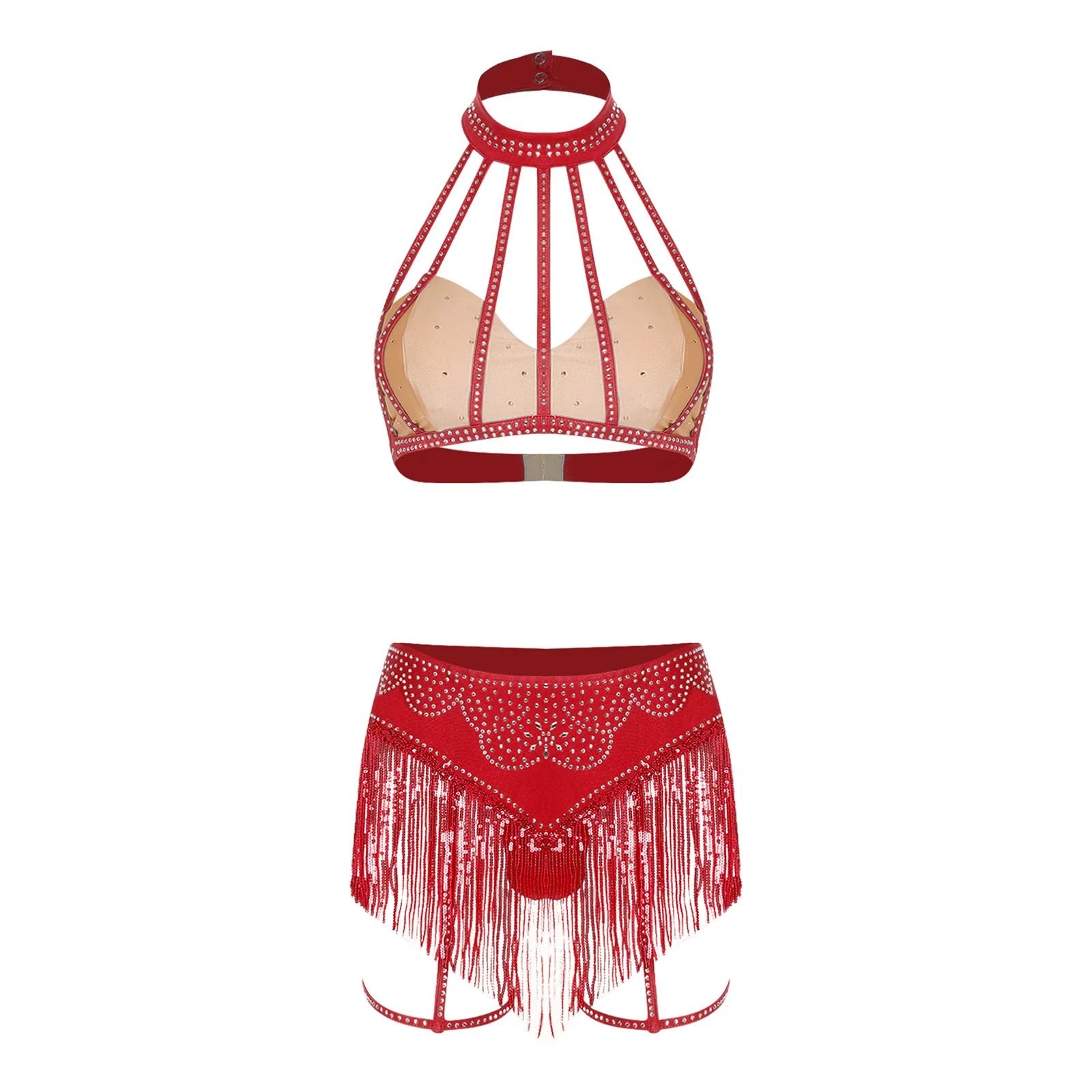 Womens Dazzling Belly Dance Costume Set with Cage Crop Top And Sequin Tassel Briefs Skirt with Garter Bands for Club Events