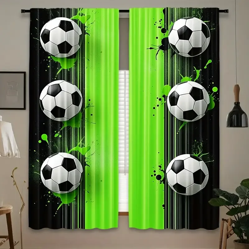 2pcs Sporty Soccer Ball Printed Curtains, Designed for Light Filtering, Quality Material, Ideal for Sports Enthusiast Home Windo