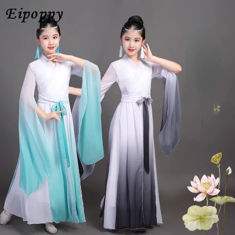 Children's Guzheng Performance Costume Long White Silk Sleeves Chinese Classical Dance Han Chinese Clothing Performance Wear