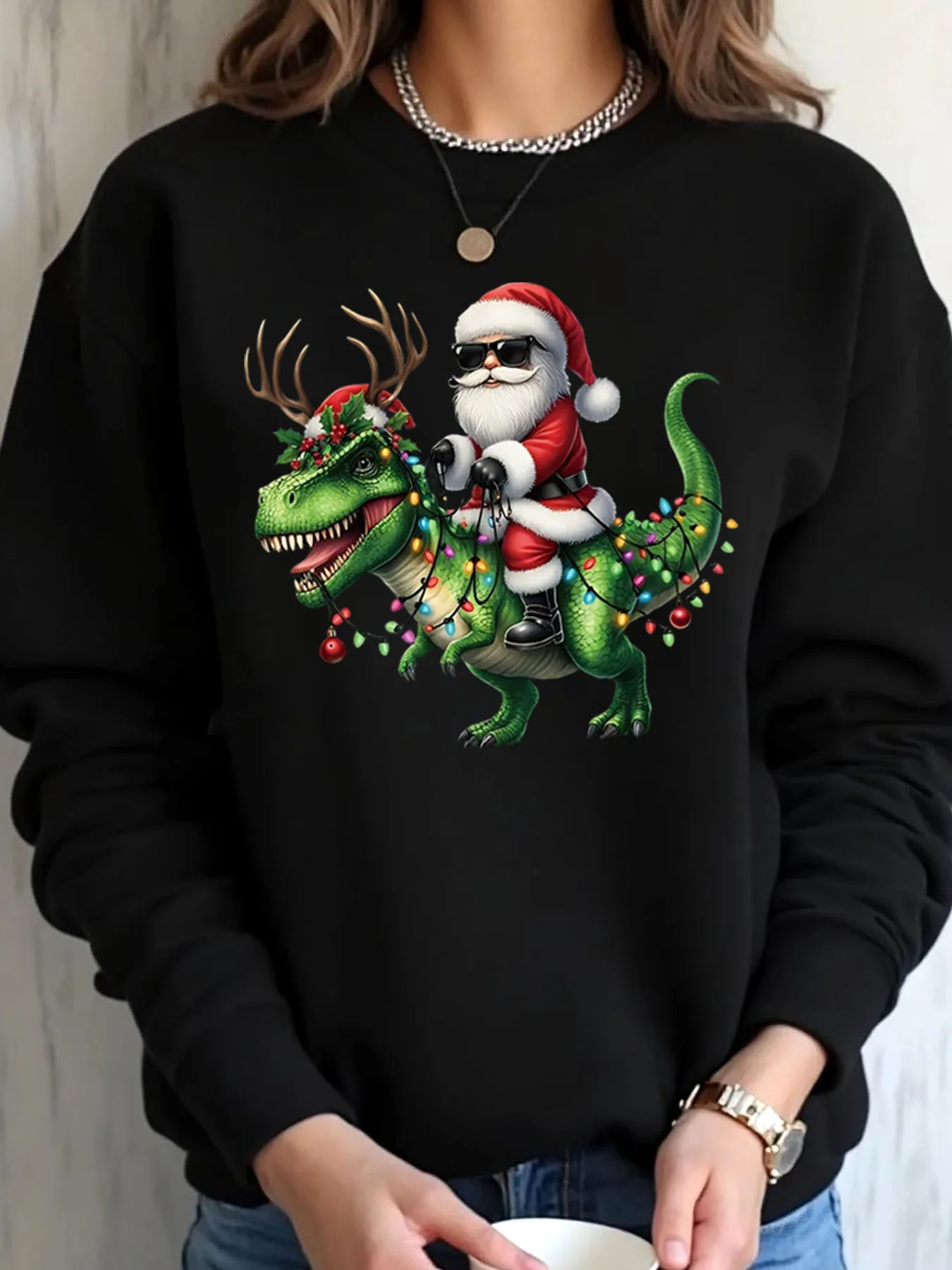 

Женская толстовка большого размера с рождественским динозавром для верховой езды Санта-Клауса и оленячьими рогами, уличная одежда