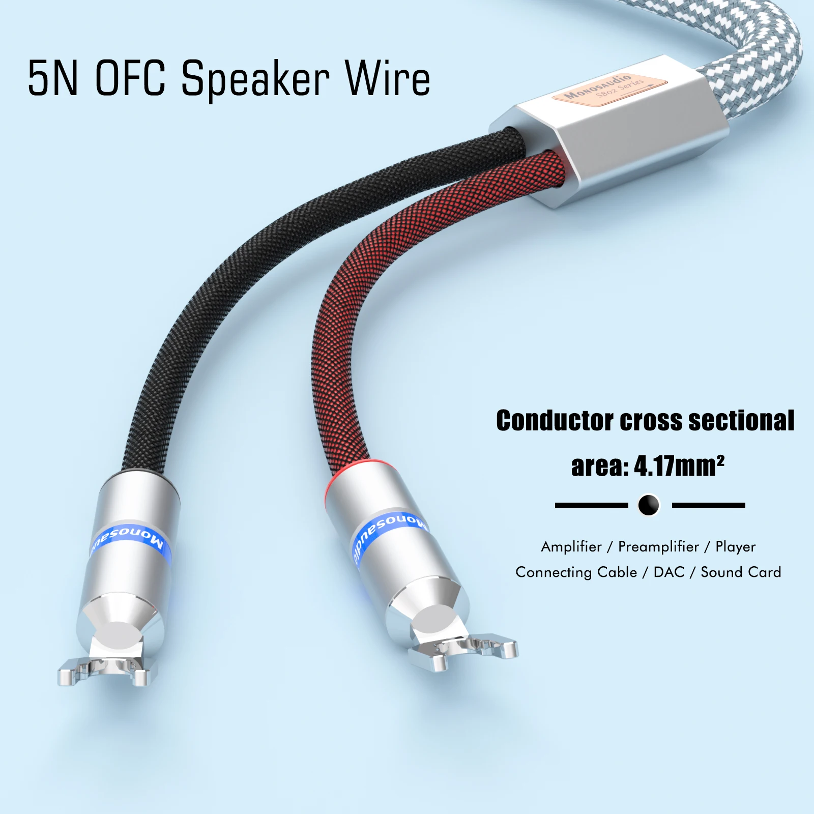 

Monosaudio 11AWG Speaker CSpade Blug Pair 5N OFC Red Pure Copper Rhodium Plated Plugs Nylon Braid Speaker Wire