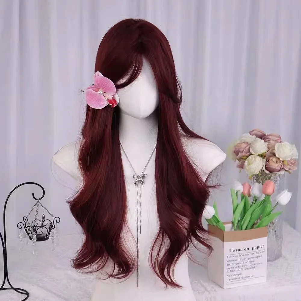 Synthetic wig with lace on the forehead, red waves, long curly hair, full head cover, wig