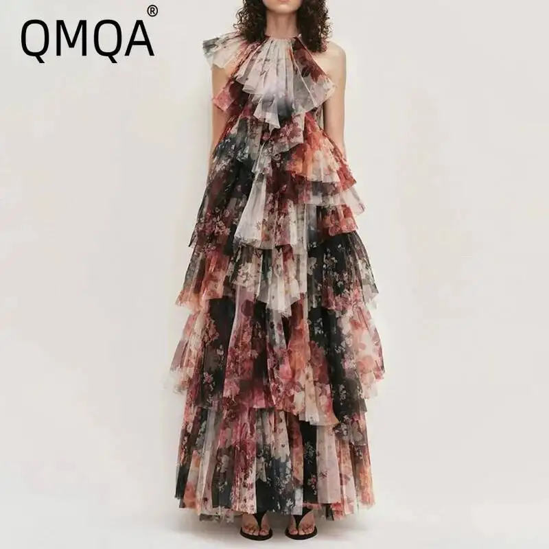 QMQA Fashion Women's Colorblock Spliced Ruffle Loose Maxi Dresses Round Neck Sleeveless Patchwork Button Dress Female QM1381