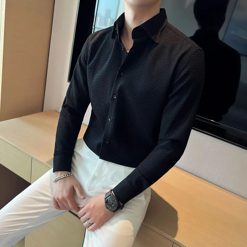 Fashion Lapel Button Solid Color Casual Shirt Men\'s Clothing 2022 Autumn New All-match Tops Long Sleeve Loose Korean ShirtS