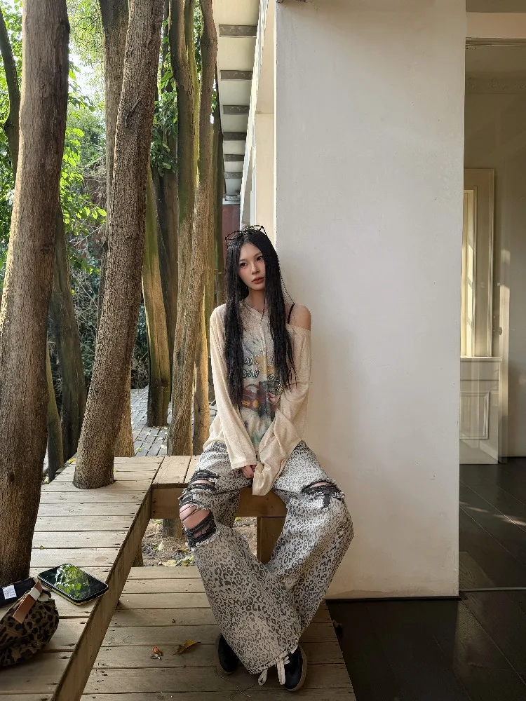 Women's Leopard Print Ripped Casual Pants Summer Wide Leg Distressed Trousers Female High Waisted Fashionable Sweatpants