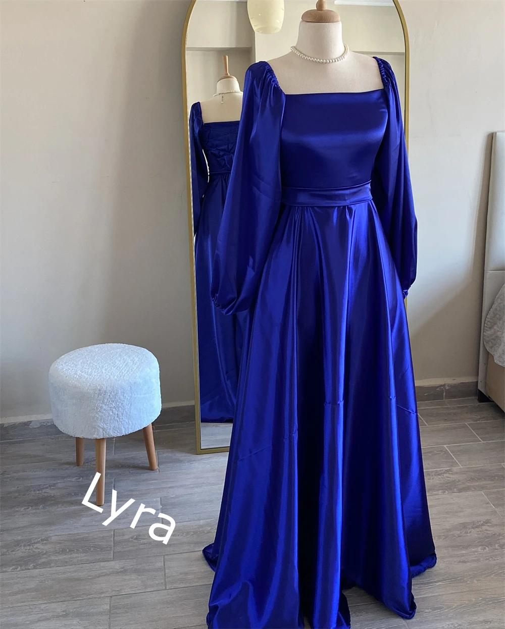 Customized Square Collar Satin Long Sleeves Evening Dress Formal A-Line Floor Length Homecoming Dresses Sweep Train Party Gowns