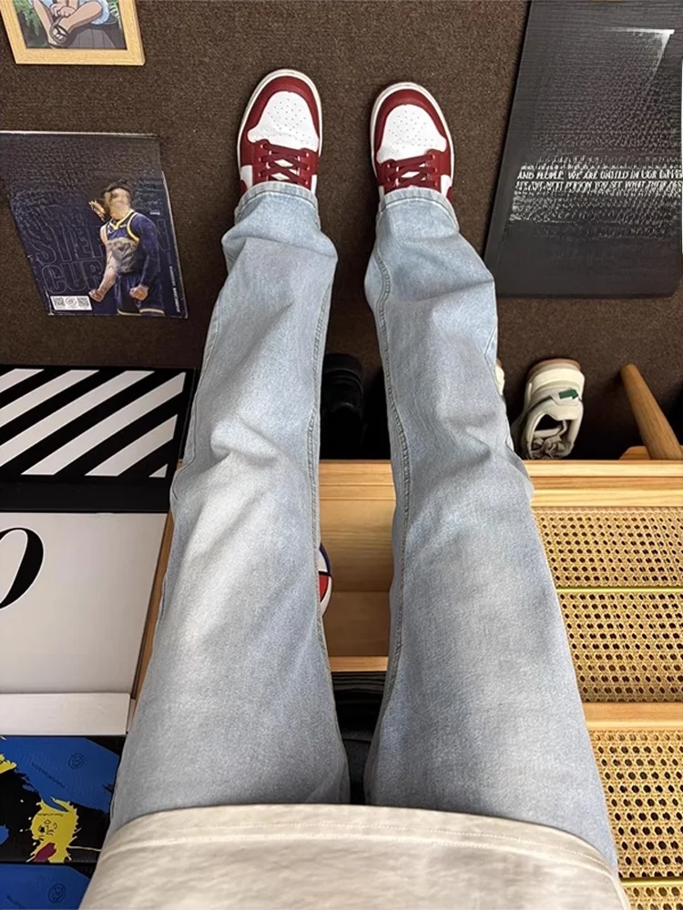 

Light Blue Slim Fit Men's Jeans American Retro Vibe Flared Pants High Waist ing Tapered Straight Leg Wear Resistant