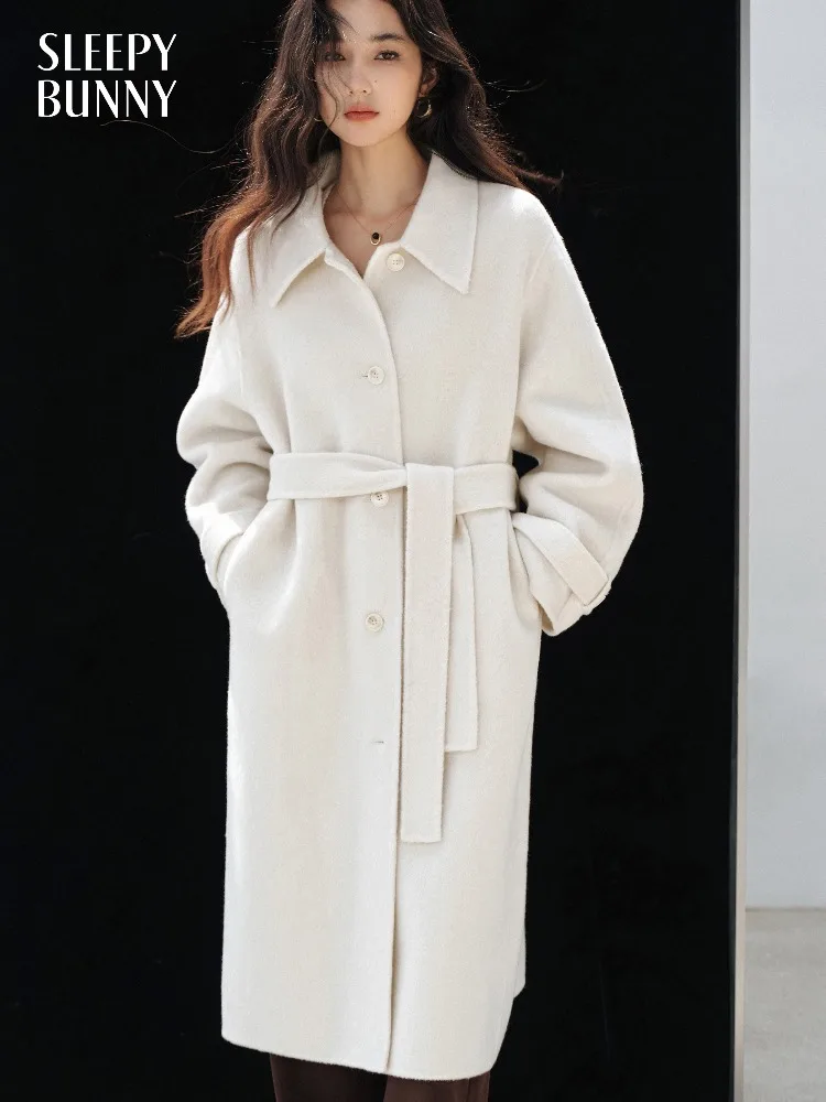 معطف طويل أنيق يشبه الصوف للنساء معطف شتوي بحزام من الصوف مزدوج الوجه وطية صدر السترة ملابس خارجية أنيقة ودافئة ونحيفة #1