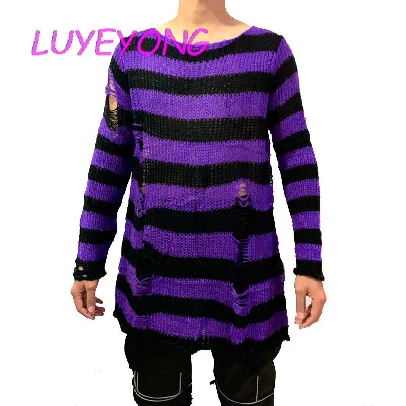 2024 Spring Man Pullovers Gothic Sweaters Punk O Neck Striped Long Sweater Unisex Hollow Out Long Sleeve Knitted Top Jumpers