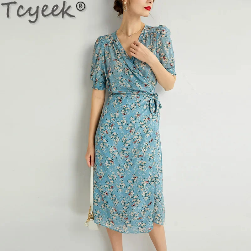 100% Tcyeek Real Silk High-end Midi Summer Women's Elegant es for Women V-neck Party Dress Lace-up 2024