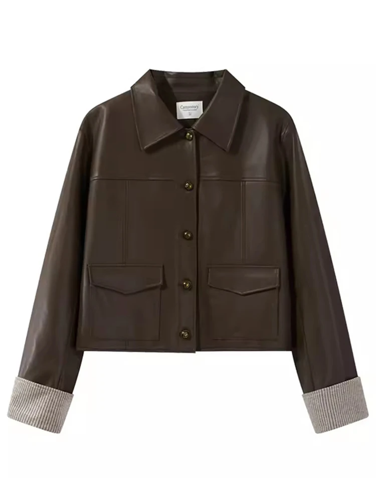 

American Retro ort Jaet Women's Loose Slimming Faionable irt Collar Leather Coat Autumn New Sle Button up Top