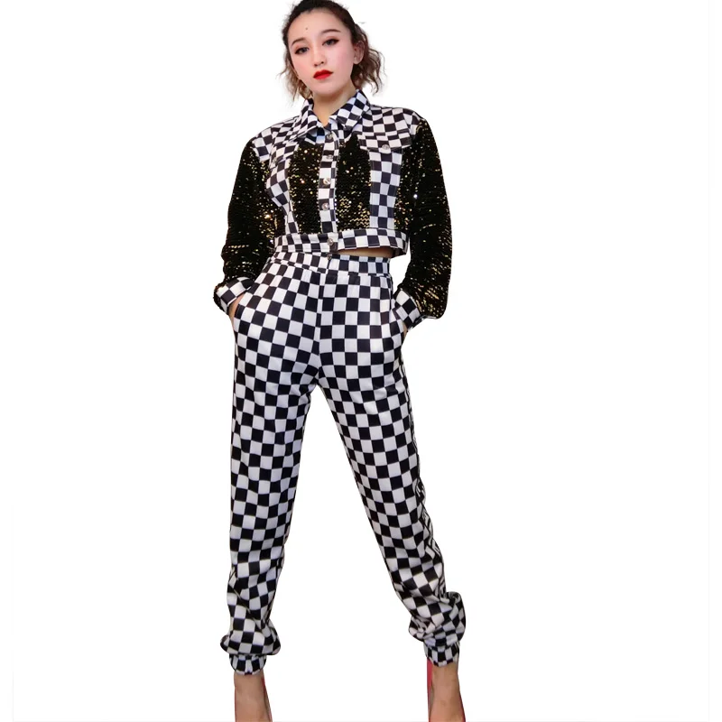 

Women Hip Hop Costumes Sequin Plaid Top Pants Street Dance Clothes Adults Jazz Dance Clothing Ballroom Rave Stage Outfits XS1409