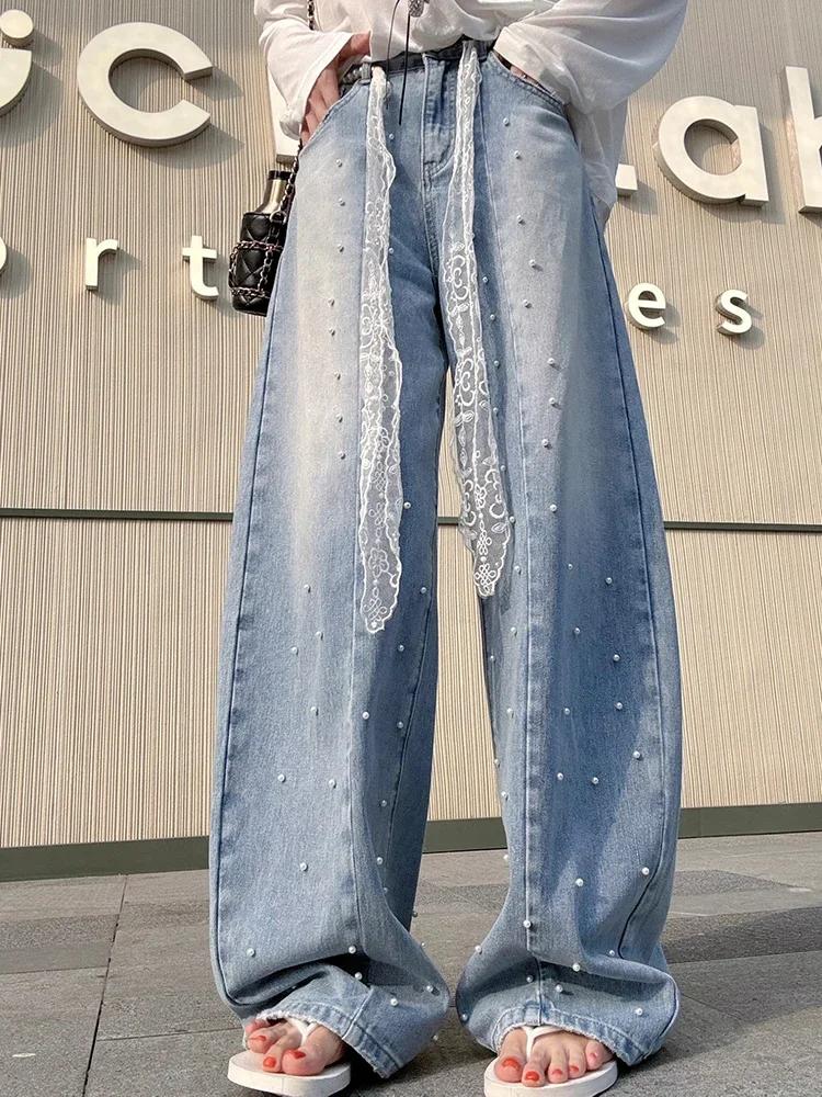 

Женские джинсы с жемчугом для тяжелой промышленности, лето 202, новые повседневные брюки в корейском стиле с высокой талией и тонкими широкими штанинами