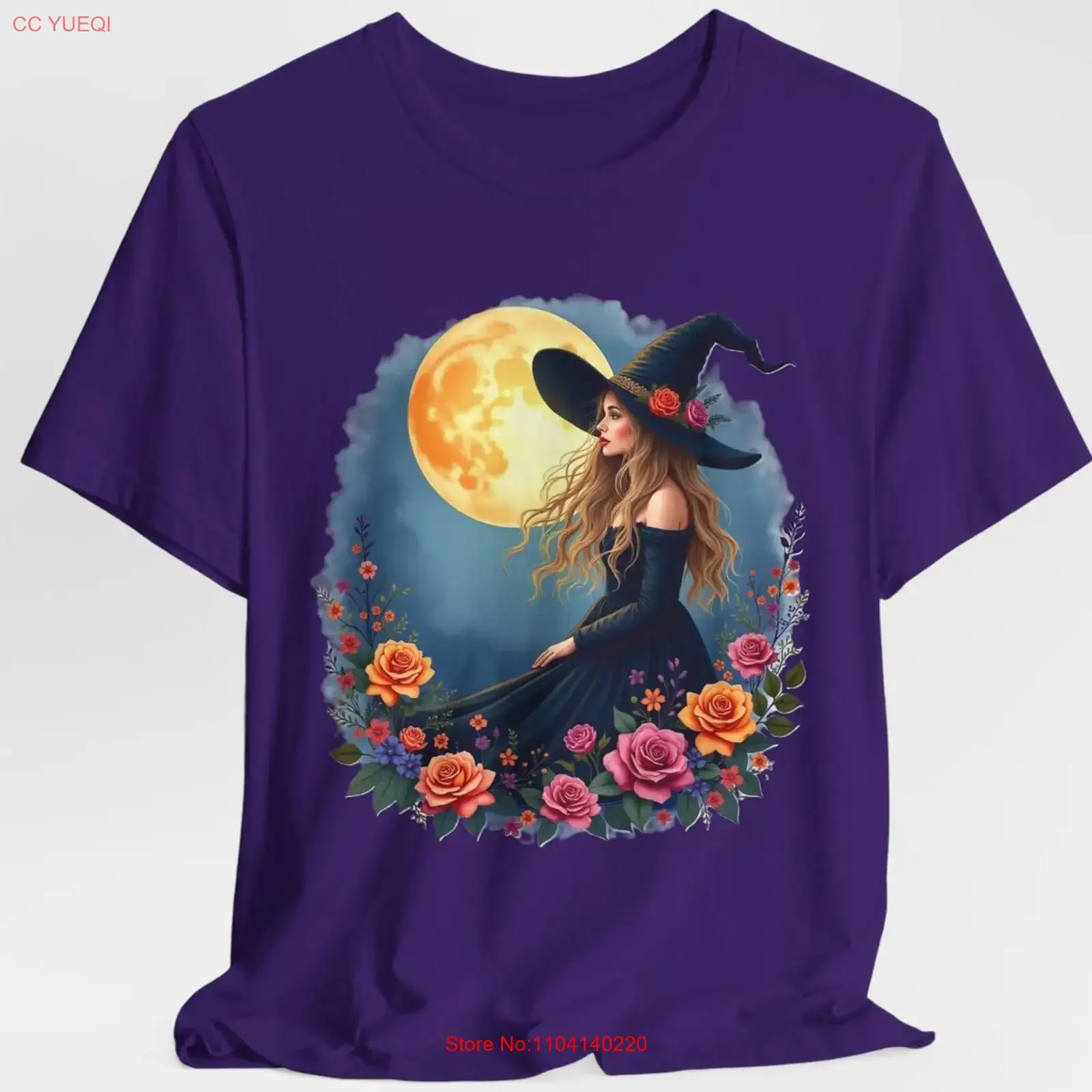 Witch Under Full Moon Roses T Shirt Mystical Floral Wiccan Aesthetic Halloween vintage Washed fashion Breathable Unisex Soft
