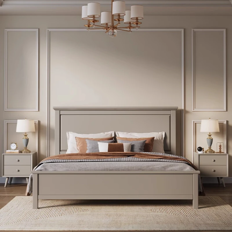 Pure solid wood bed 1.8 meters double bed Morandi gray modern simple American light luxury master bedroom all solid wood
