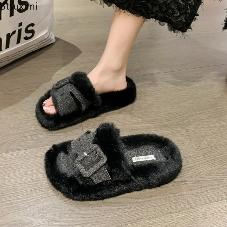 2024 Thick Soled Plush Slippers for Women Outerwear Autumn Winter Warm Casual Flat Shoes Slippers Female Fur Flip Flops Slippers